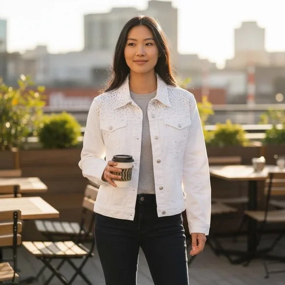 Vintage Christine Alexander White Rhinestone Studded Jean Jacket - Picture 9 of 10